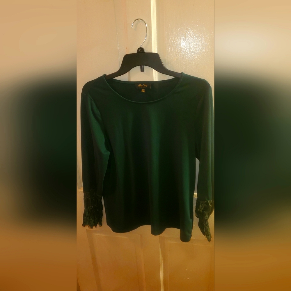 Modest dark green lace three quater length sleeve blouse petite size Large
